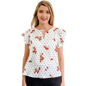 Cherries & Polka Dots on White Keyhole Blouse w Cap Sleeves Sz Small - Hey Viv